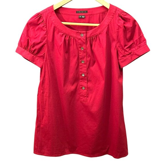 Theory Women's Red Puff Sleeve Button Up Blouse Size Small Classic Minimalist - Picture 2 of 5